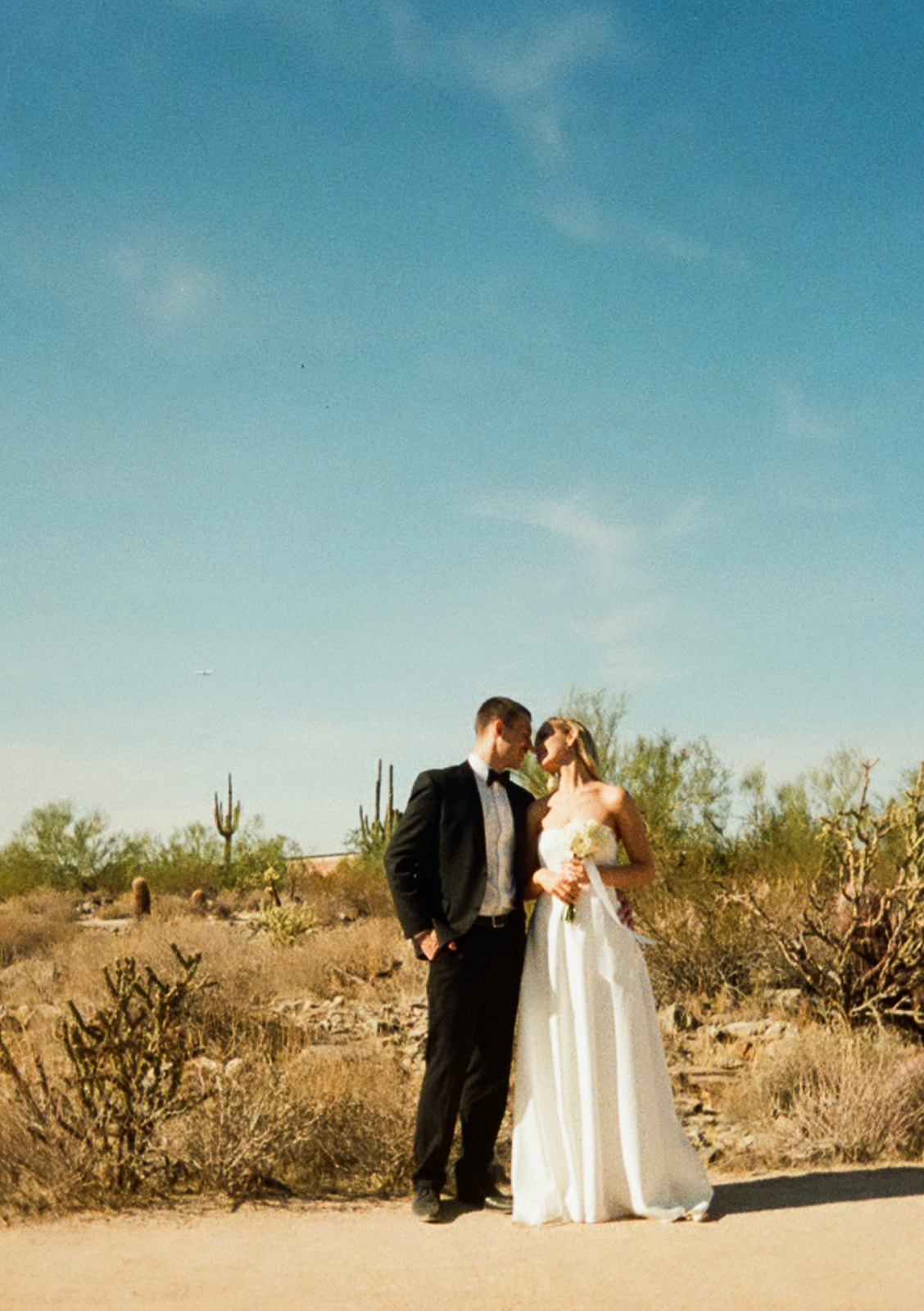 The couple shares a kiss on a dirt path surrounded by desert flora and blue skies — an intimate moment in a stunning Arizona elopement location.