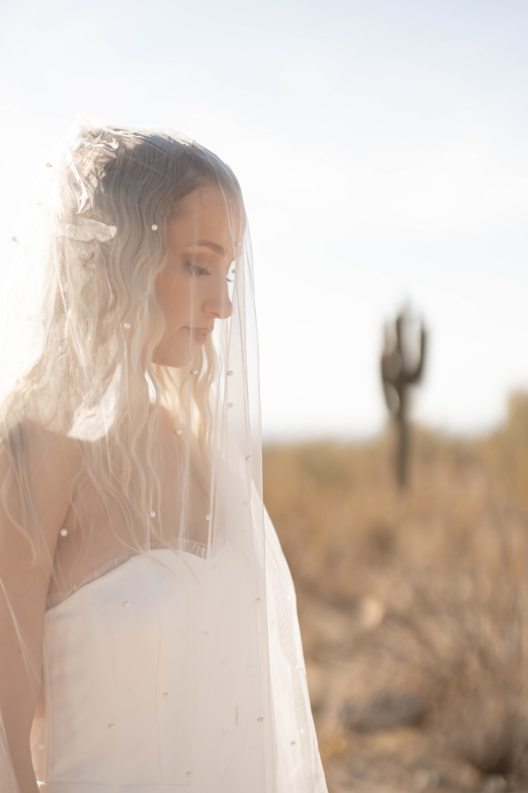 The bride stands still in a delicate veil as the sunlight filters through, creating a quiet moment in the desert landscape.
