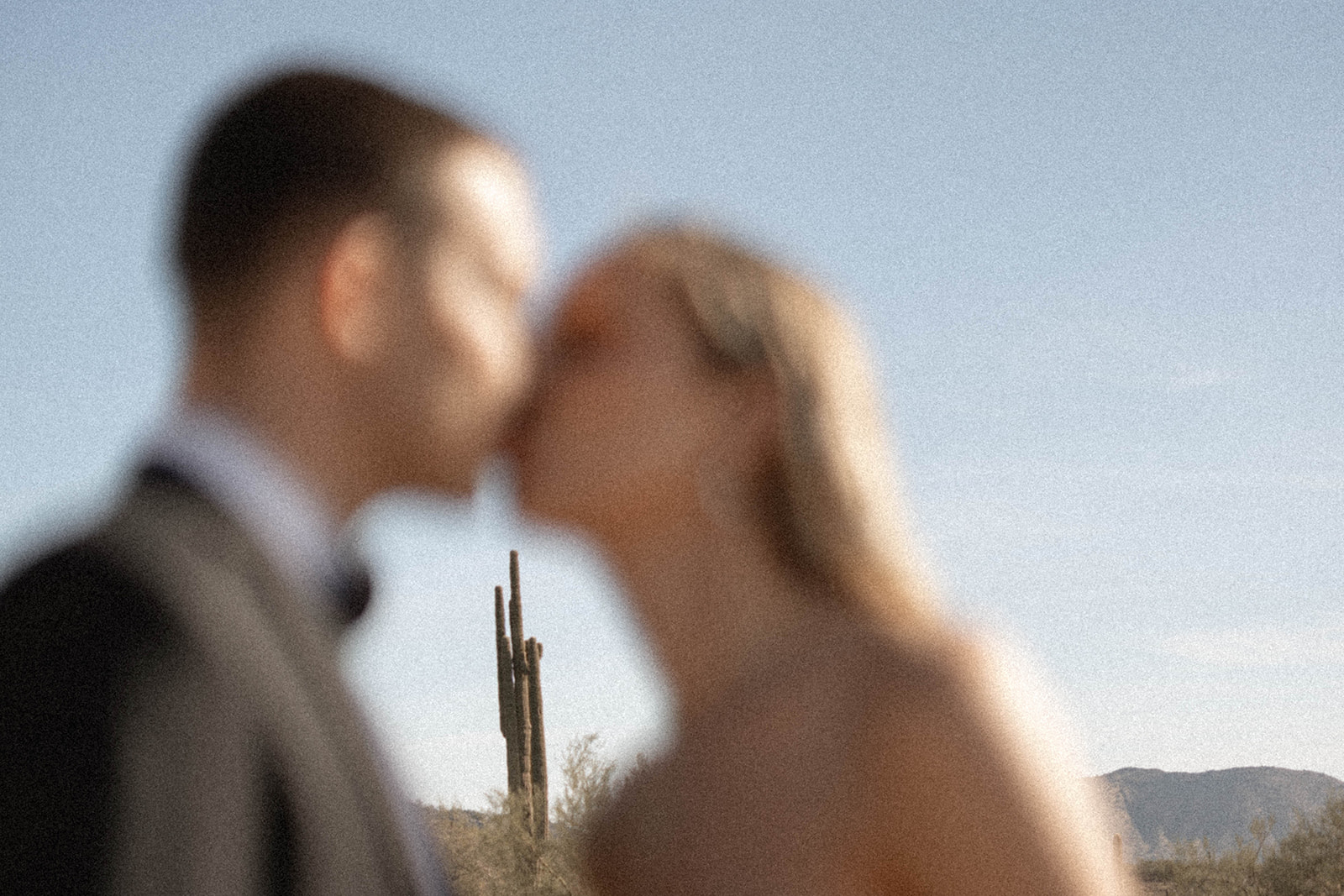 A blurred close-up of a couple kissing in the desert, with a cactus centered in the background, a playful, artistic shot.