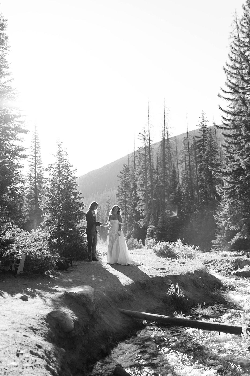 A black and white photo of a couple holding hands beside a mountain stream, sunlight pouring through the trees—capturing the magic of one of the most peaceful Colorado elopement locations.