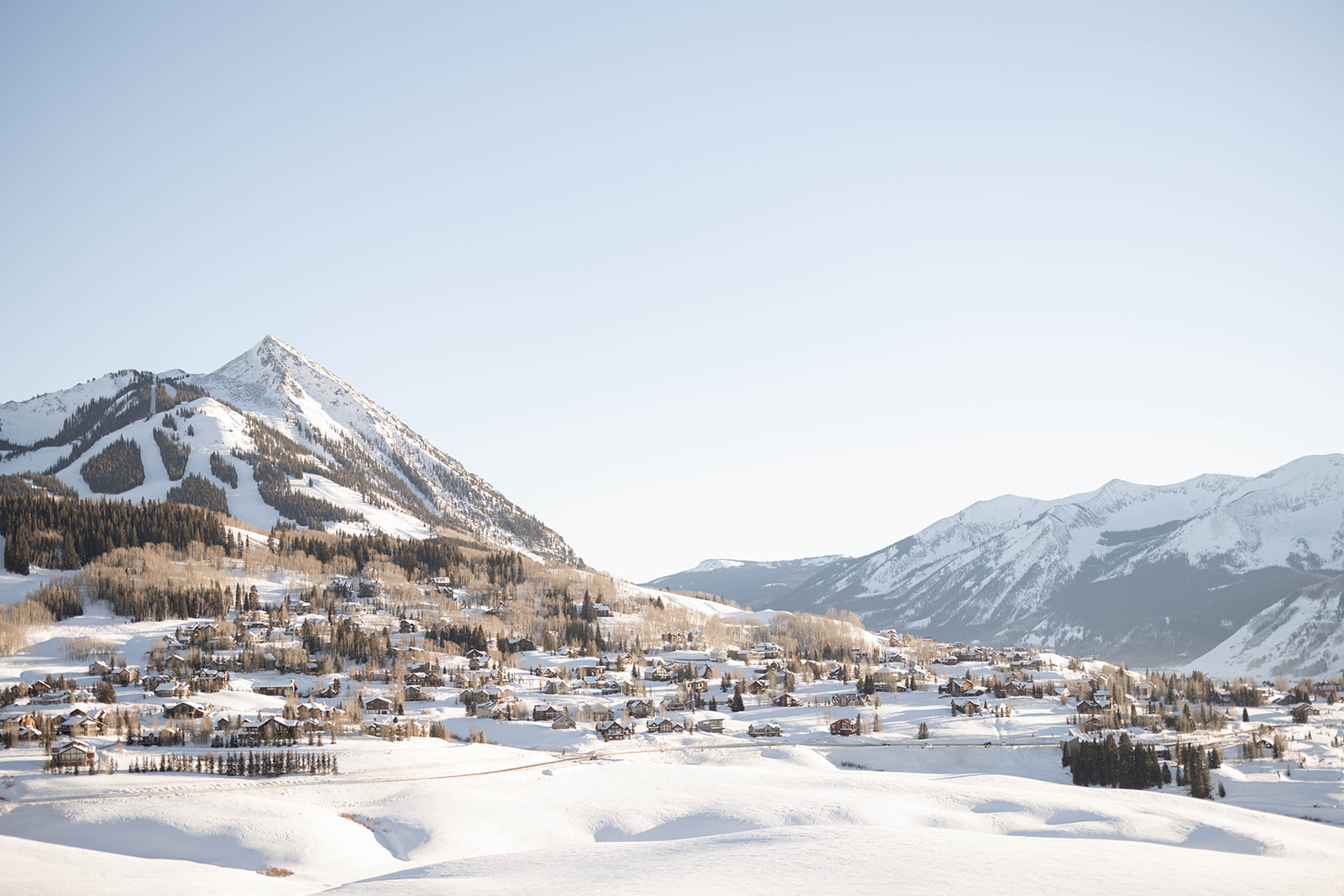 Panoramic winter view of Crested Butte, Colorado, with snow-blanketed mountains, scattered cabins, and clear blue skies.