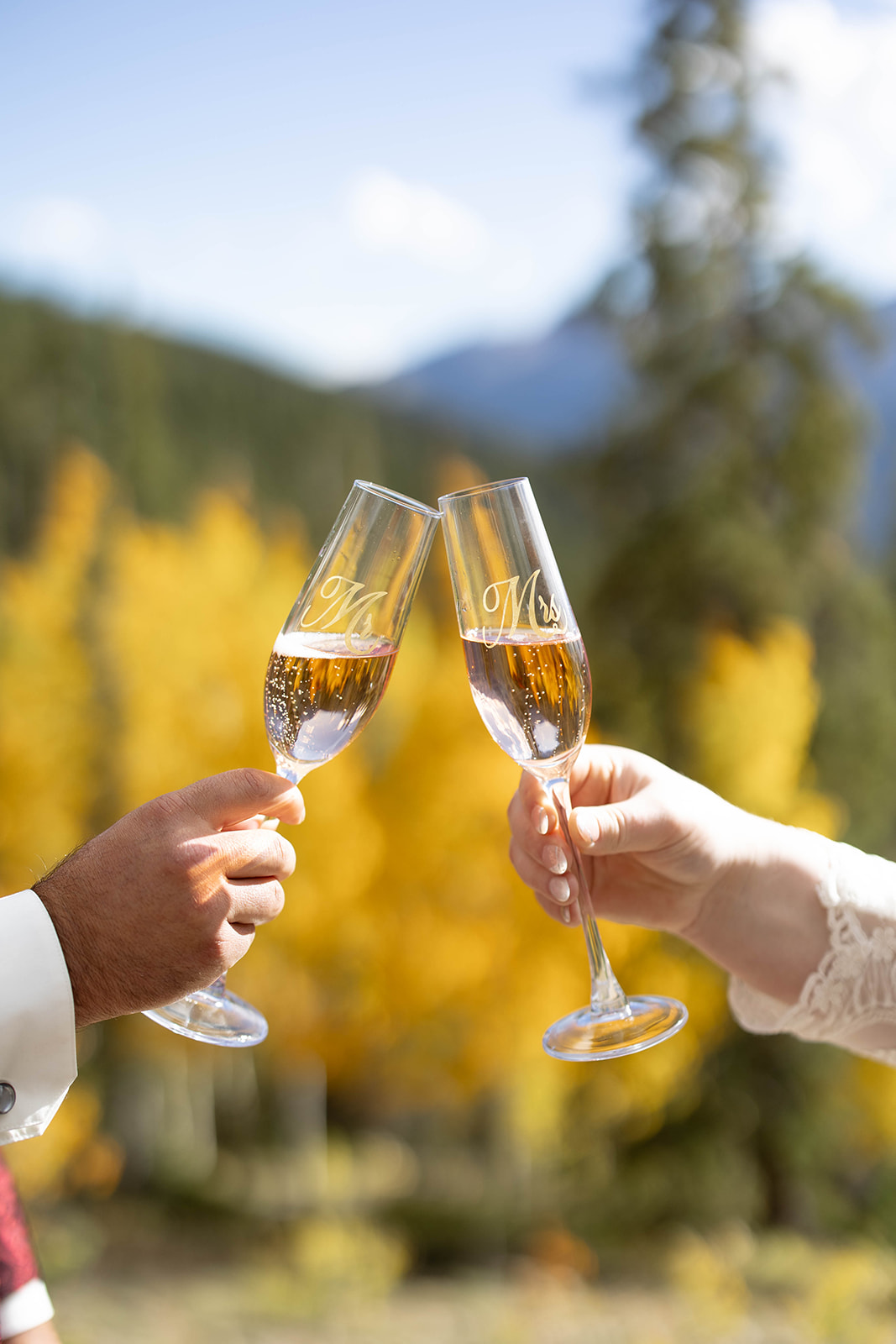 Champagne flutes clinking together with golden aspen trees and distant mountains blurred in the background.