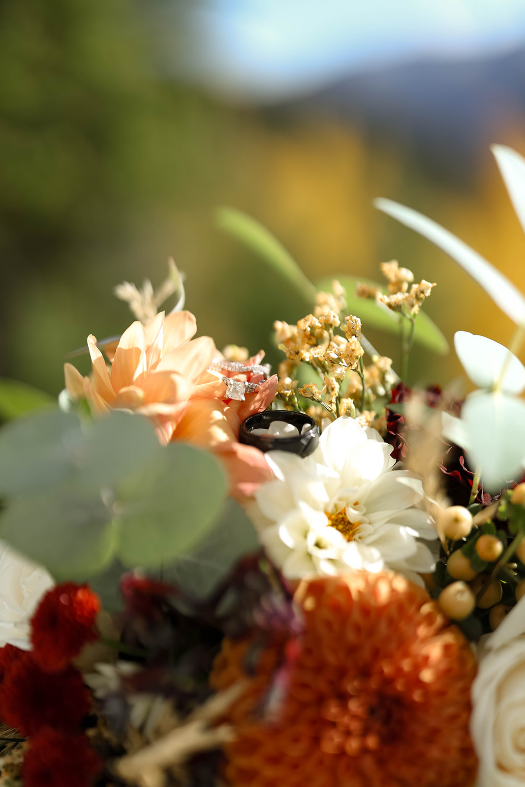 Close-up of a fall-inspired wedding bouquet with dahlias, roses, and greenery resting softly in natural mountain light.