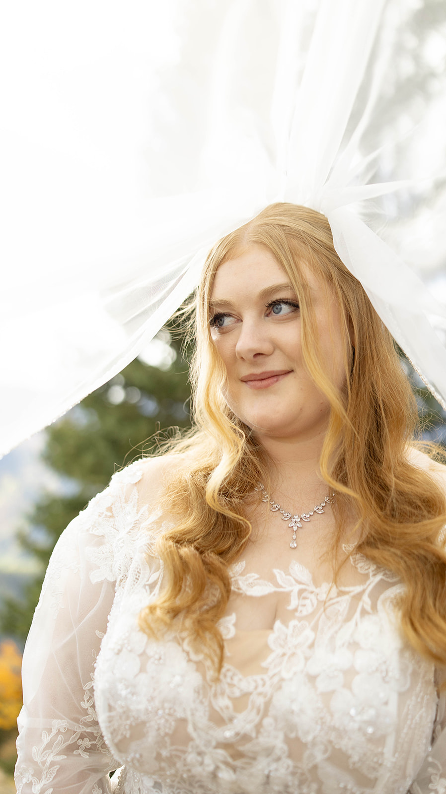 Close-up portrait of the bride beneath her veil, highlighting soft curls, lace details, and natural mountain light.