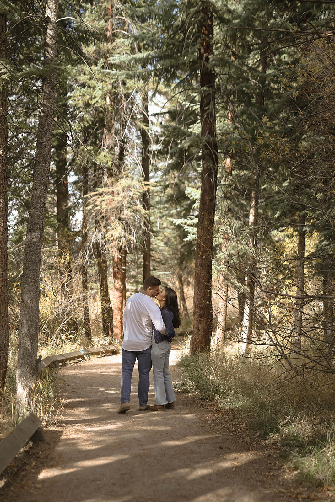 A couple sharing a kiss on a forest trail surrounded by tall pine trees and soft natural light during an outdoor engagement session.