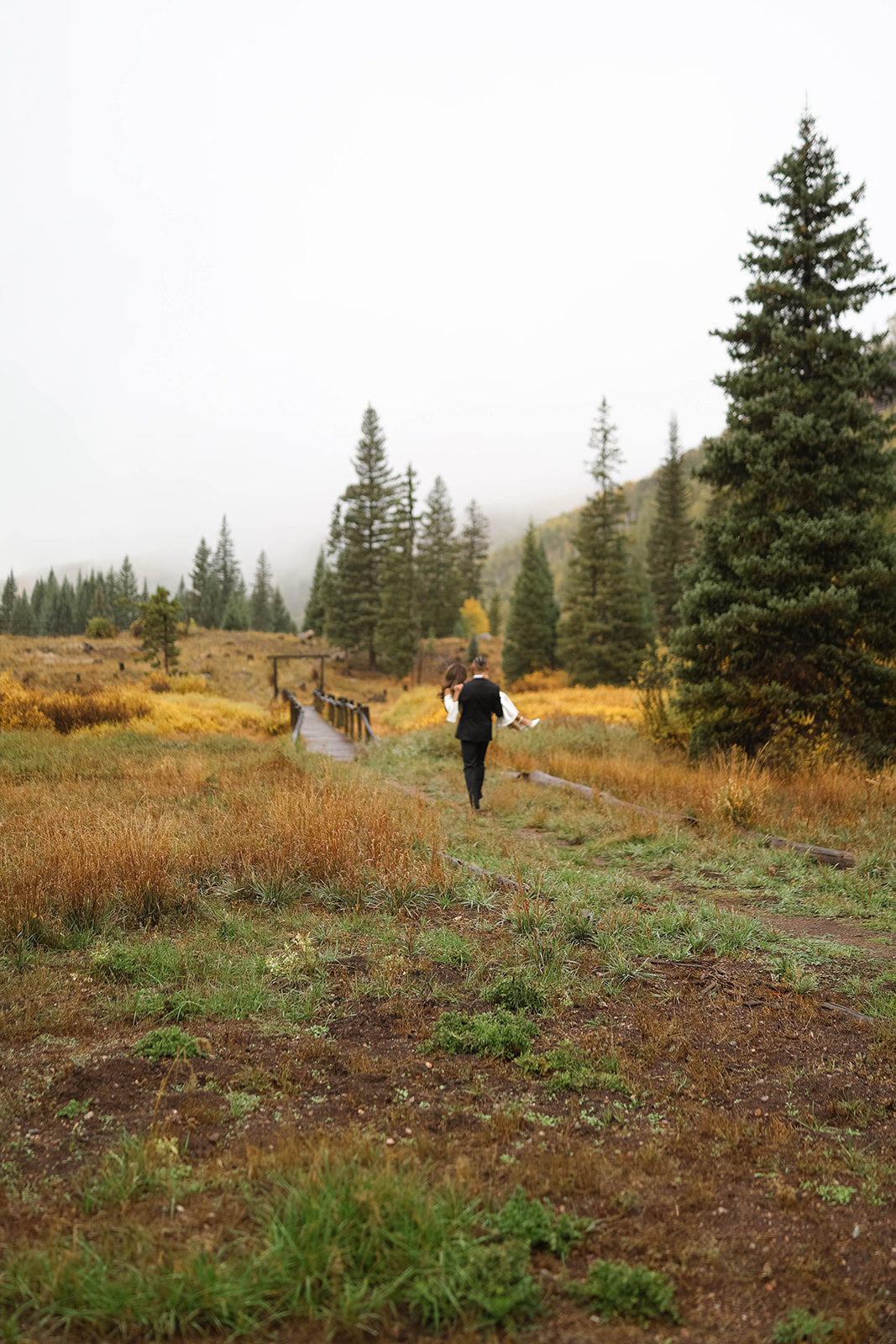 Groom carrying his bride through a golden meadow near a wooden boardwalk, surrounded by pine trees and foggy mountain scenery during a vail elopement.
